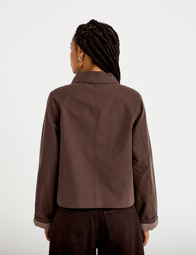 Veste courte boutonn&eacute;e doublure vichy marron fonc&eacute; femme