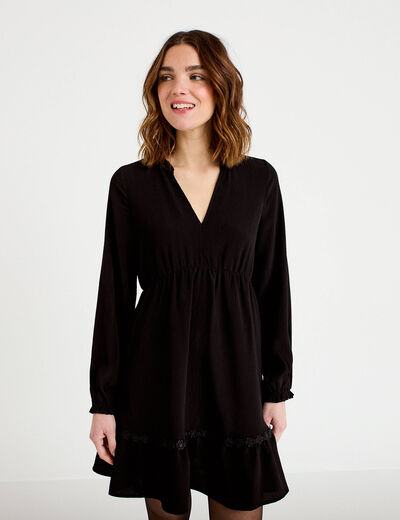 Robe &eacute;vas&eacute;e col v manches longues noir femme