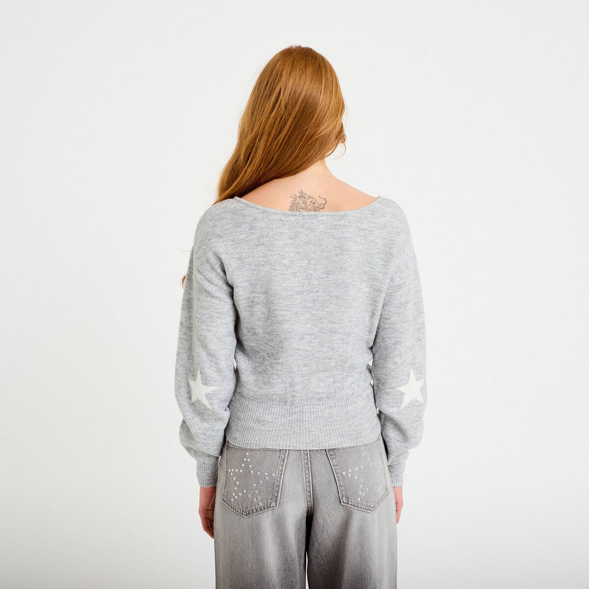 Pull col bateau manches longues gris clair femme