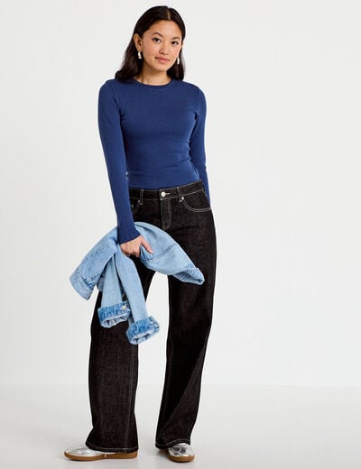 T-shirt cintr&eacute; col rond manches longues bleu fonc&eacute; femme