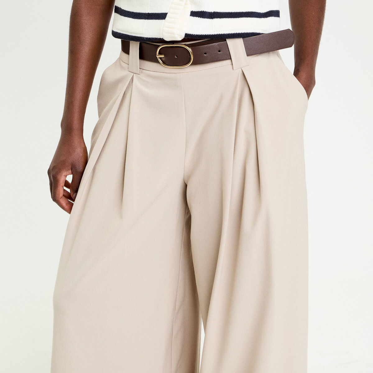 Pantalon large avec ceinture beige femme