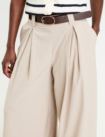 Pantalon large avec ceinture beige femme