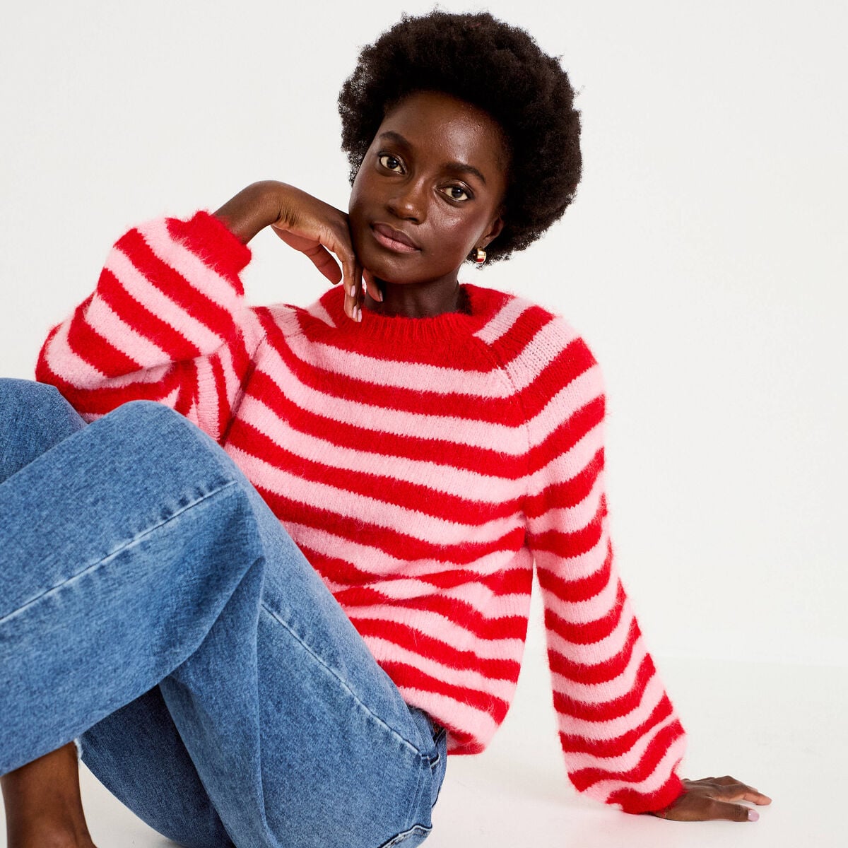 Pull ample col rond manches longues rouge femme