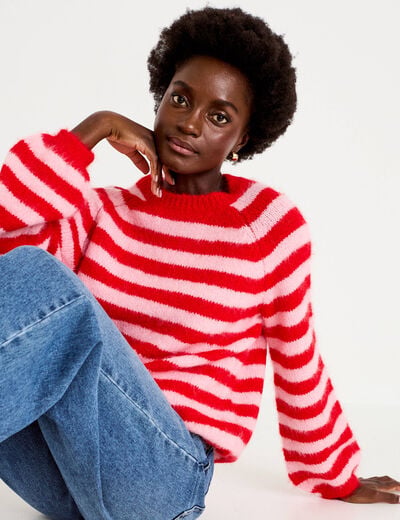 Pull ample col rond manches longues rouge femme