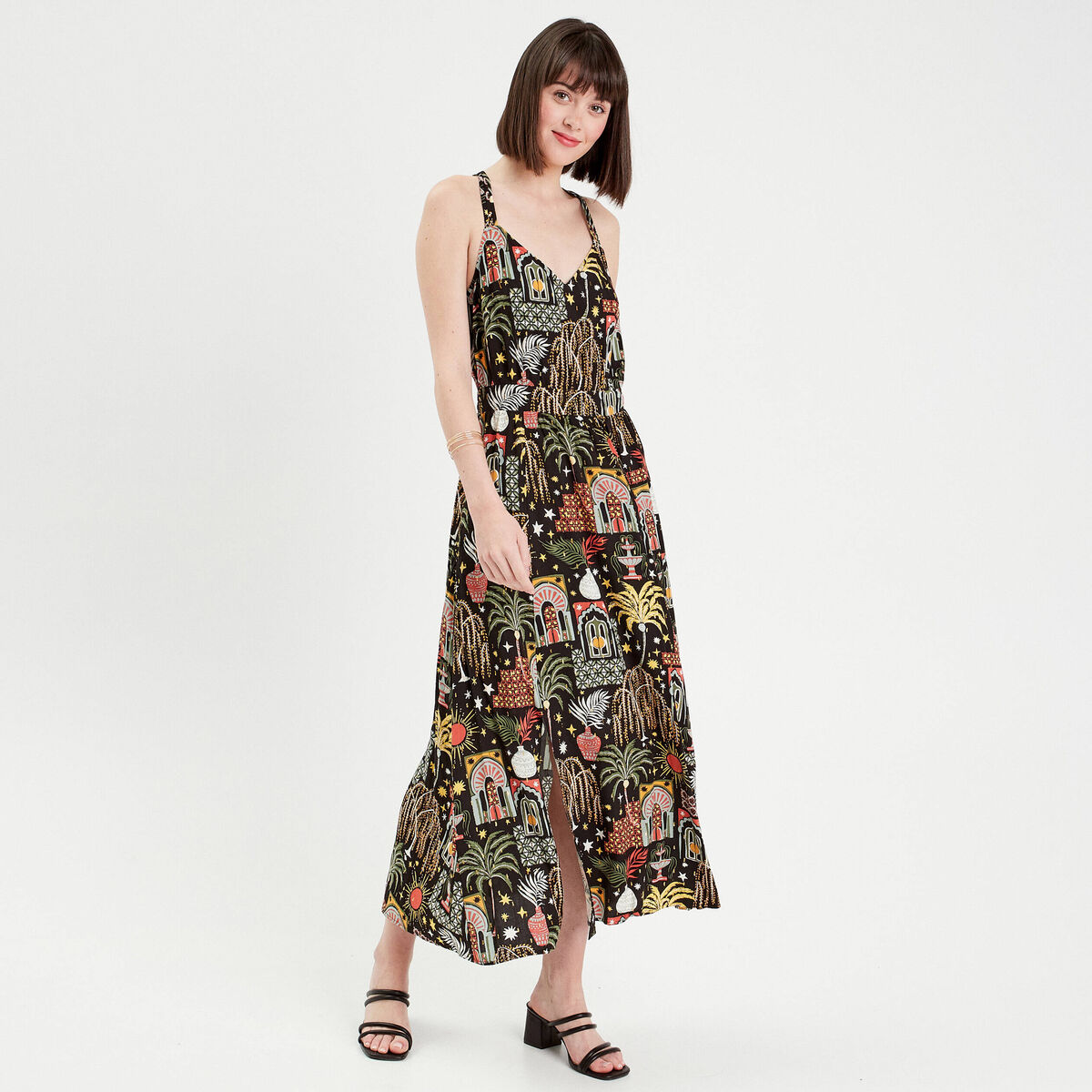Robe longue &eacute;vas&eacute;e bretelles noir femme