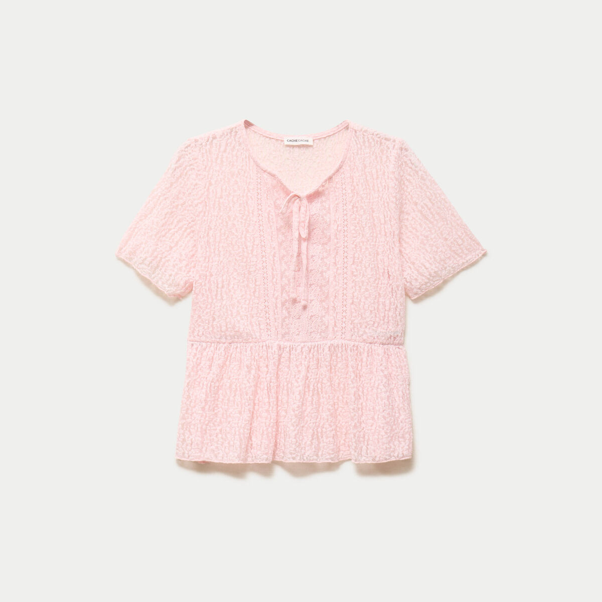 Blouse dentelle col rond manches courtes rose clair femme