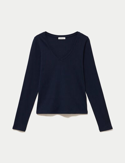 Top ajust&eacute; col v manches longues bleu marine femme