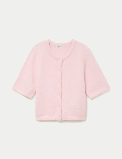Gilet duveteux manches 3/4 rose clair femme