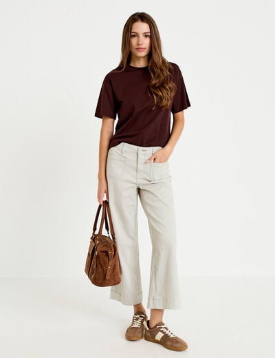 Pantalon large cropped taille haute vert kaki femme