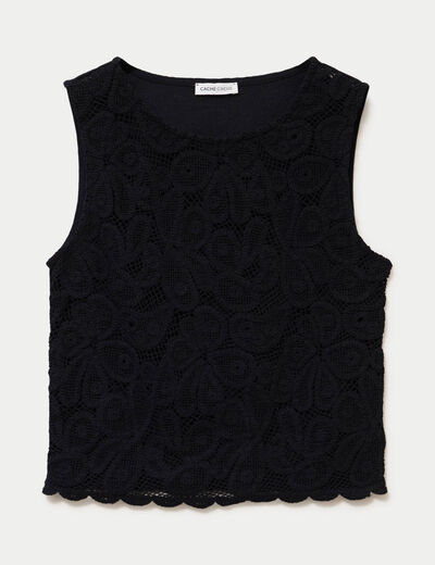 D&eacute;bardeur col rond aspect dentelle noir femme
