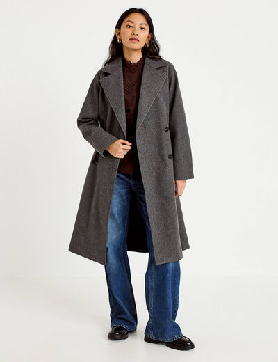 Manteau droit mi-long &agrave; manches longues gris femme