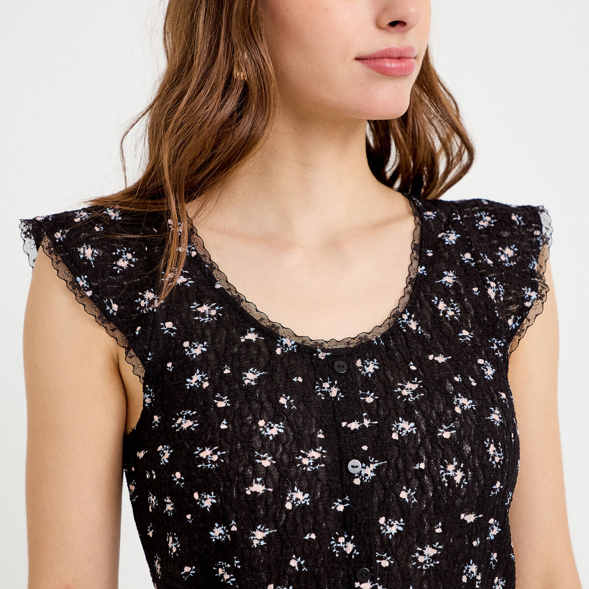 Top boutonn&eacute; d&eacute;tails dentelle noir femme