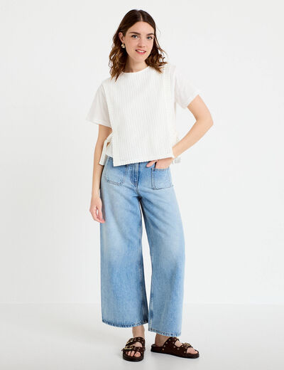 T-shirt 2-en-1 col rond manches courtes ecru femme