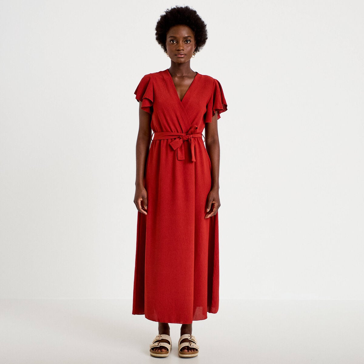 Robe longue &eacute;vas&eacute;e manches courtes orange fonc&eacute; femme