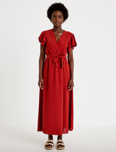Robe longue &eacute;vas&eacute;e manches courtes orange fonc&eacute; femme