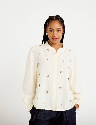 Blouse droite courte broderie ivoire femme