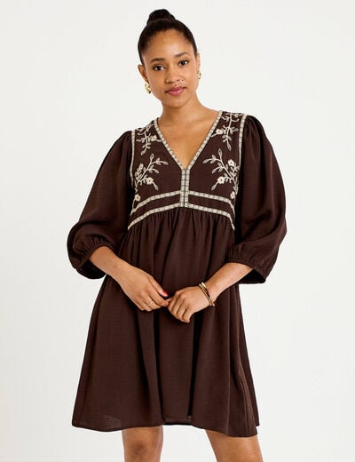 Robe droite courte col v manches 3/4 marron fonc&eacute; femme