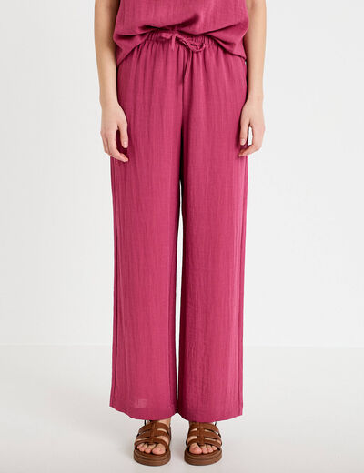 Pantalon large taille haute en cr&ecirc;pe prune femme
