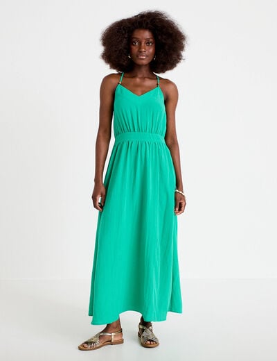 Robe &eacute;vas&eacute;e 3/4 col v bretelles vert femme