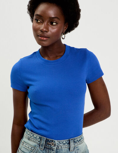 T-shirt c&ocirc;tel&eacute; ajust&eacute; manches courtes bleu electrique femme