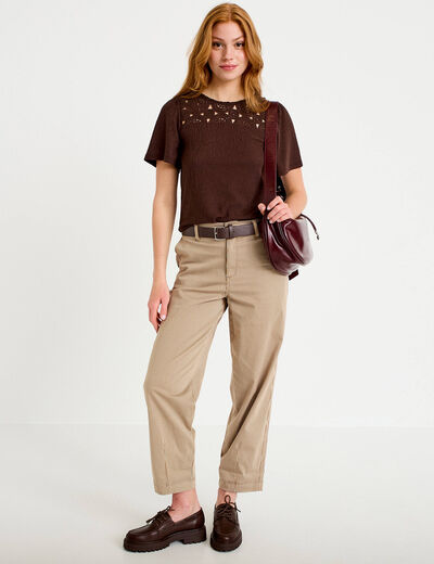 Pantalon chino 7/8&egrave;me taille &eacute;lastiqu&eacute;e taupe femme