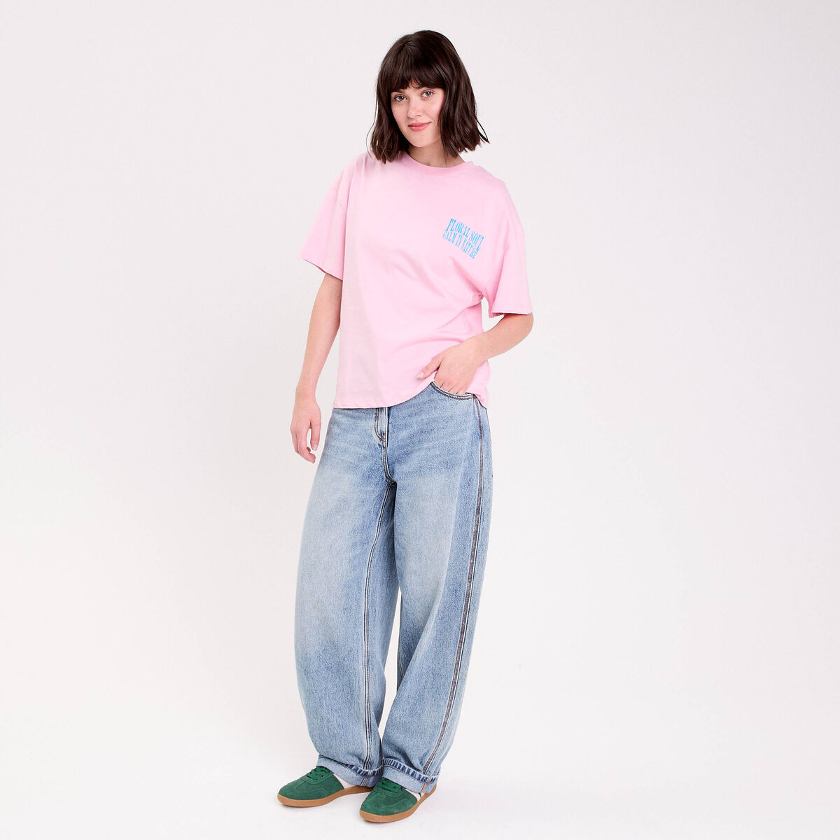 Top oversize manches courtes longues rose poudr&eacute;e femme