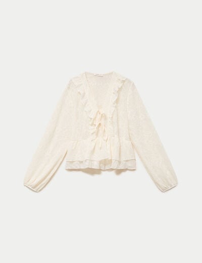 Blouse col v manches longues ecru femme