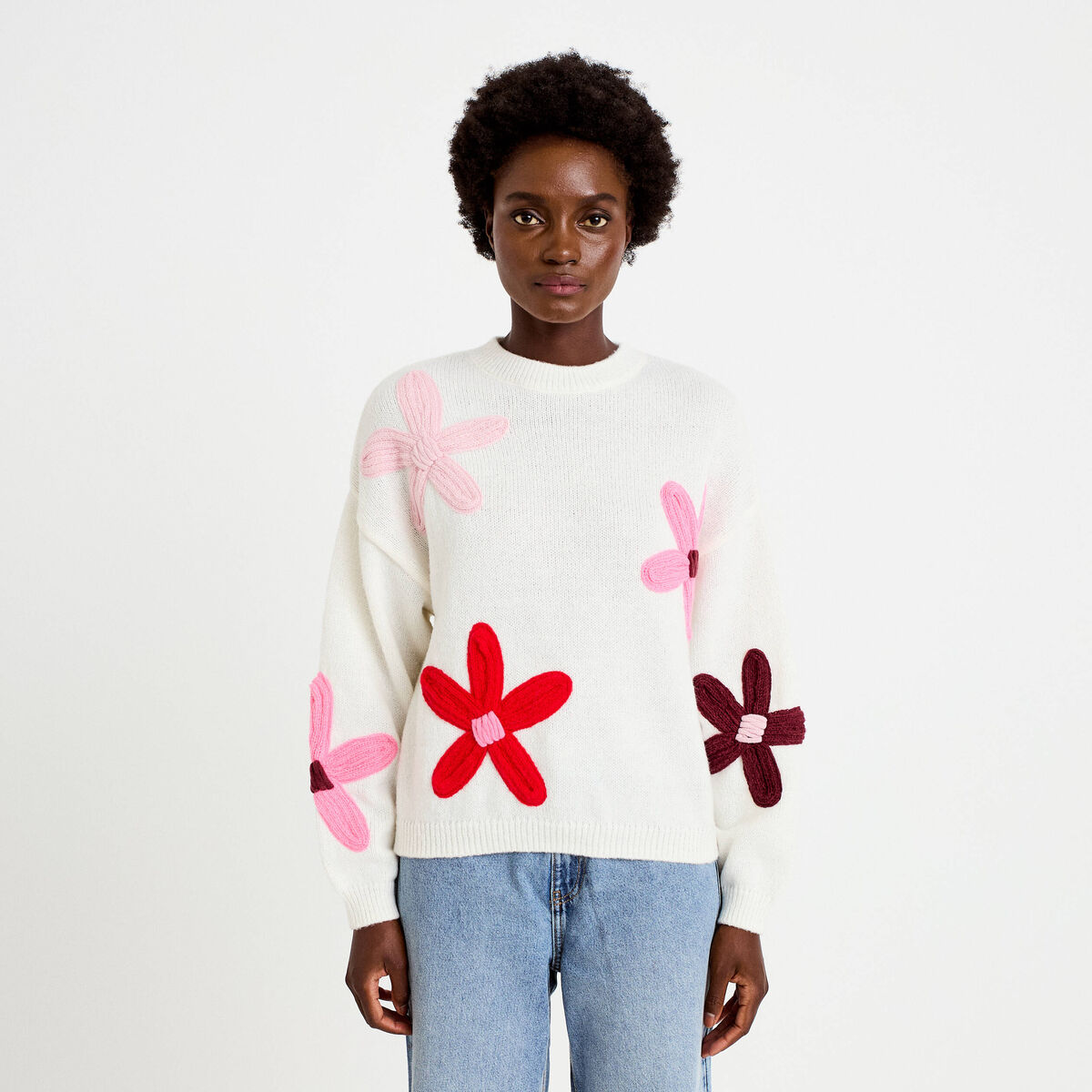 Pull oversize col rond manches longues ecru femme