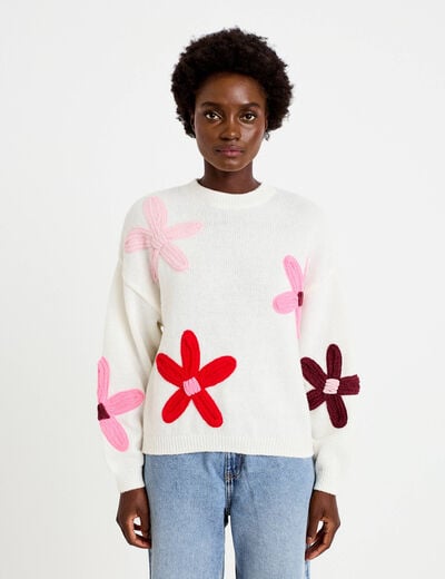Pull oversize col rond manches longues ecru femme