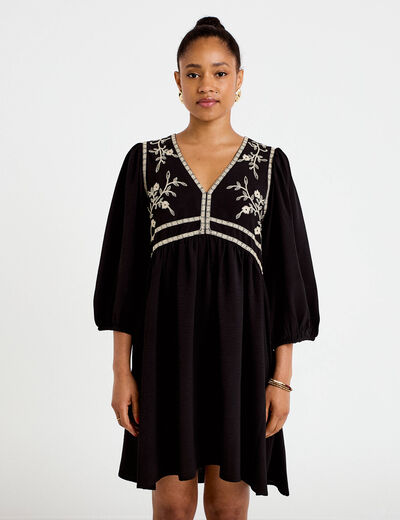 Robe droite courte col v manches 3/4 noir femme