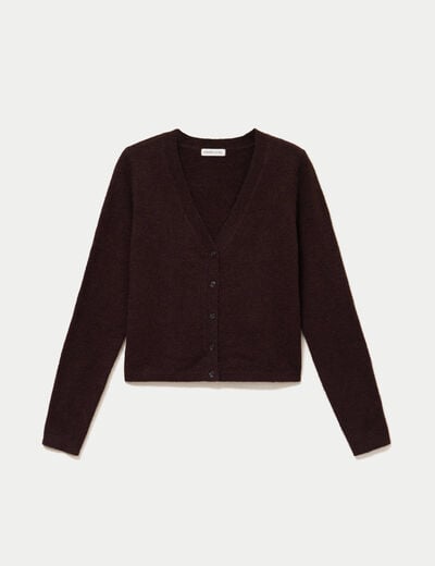 Gilet col v manches longues marron fonc&eacute; femme
