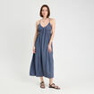 Robe longue &eacute;vas&eacute;e bretelles bleu p&eacute;trole femme