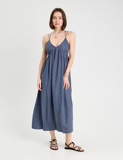 Robe longue &eacute;vas&eacute;e bretelles bleu p&eacute;trole femme
