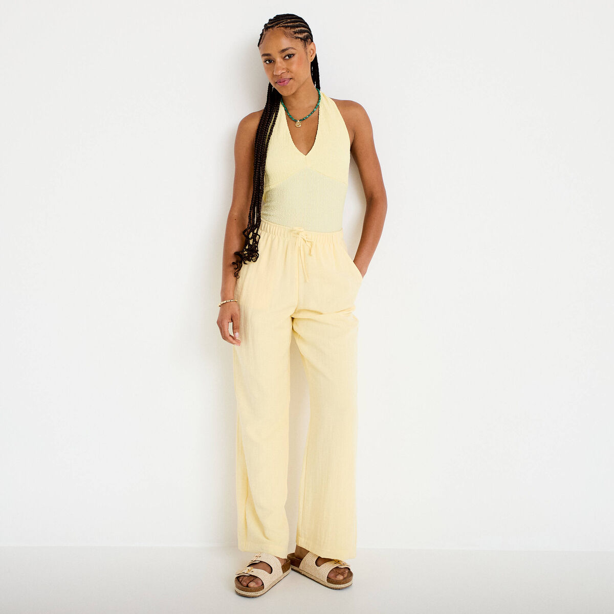 Pantalon large fluide taille &eacute;lastiqu&eacute;e jaune pastel femme