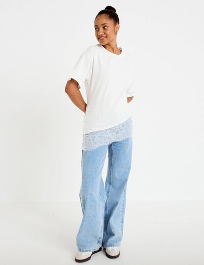Jean wide leg taille haute brod&eacute; bleu femme