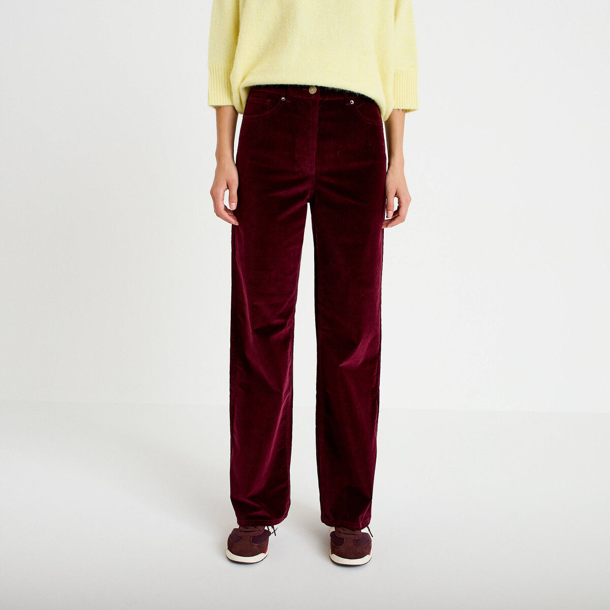 Pantalon bootcut taille haute velours bordeaux femme