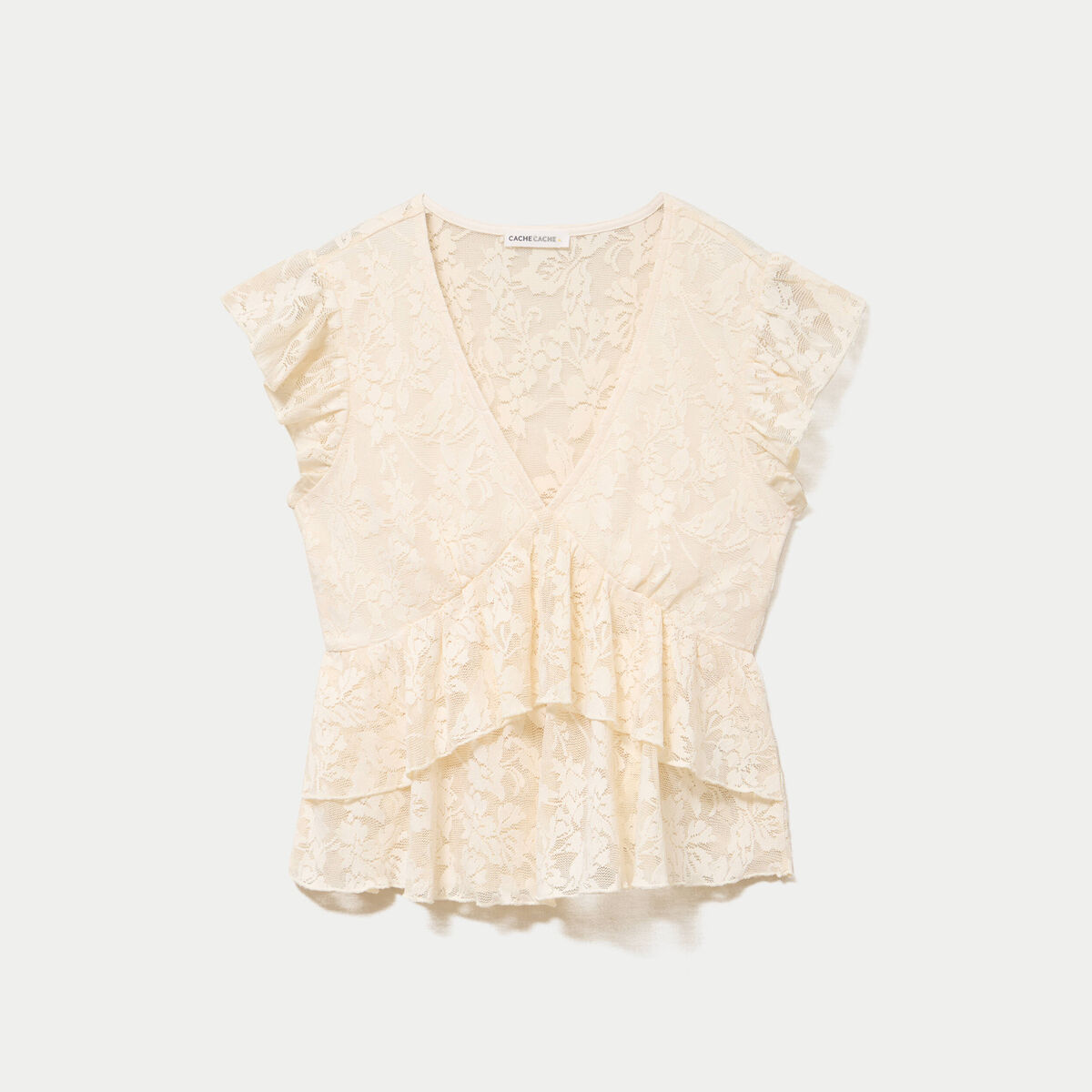 Blouse manches courtes aspect dentelle ecru femme