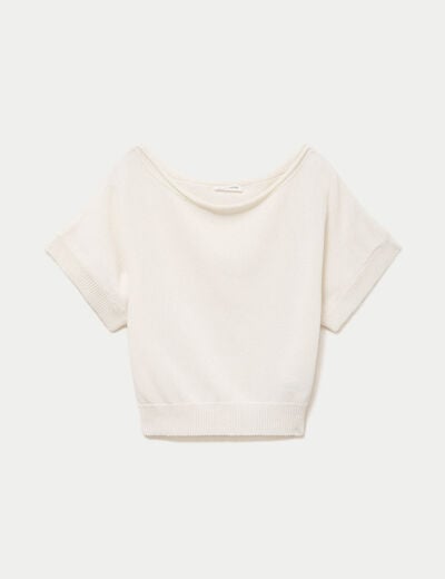 Pull ample cropped manches courtes ecru femme