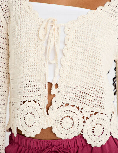 Gilet col v manches longues avec noeuds ecru femme
