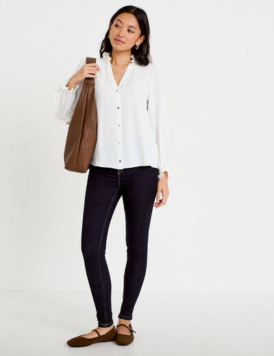 Blouse droite col v manches longues ecru femme