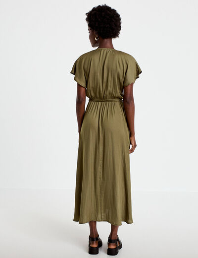 Robe longue &eacute;vas&eacute;e col v satin&eacute;e vert kaki femme