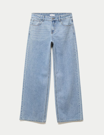 Jean wide leg taille basse strass denim triple stone femme