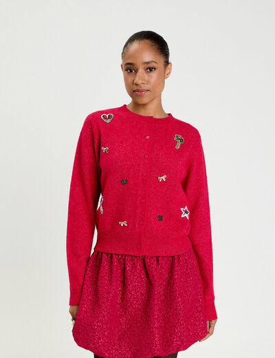 Gilet col rond manches longues rouge clair femme