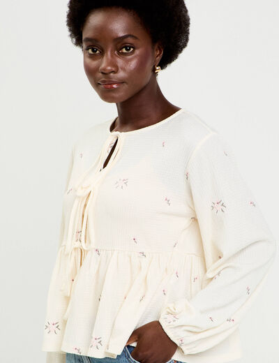 Blouse manches longues en cr&ecirc;pe blanc femme