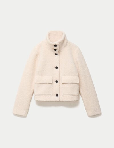 Veste droite bouclette col montant ecru femme