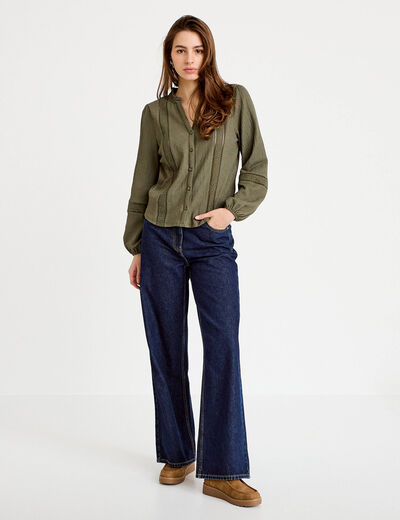 Blouse broderie col V manches longues vert kaki femme