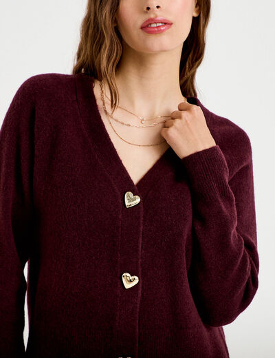 Gilet boutons coeur prune femme