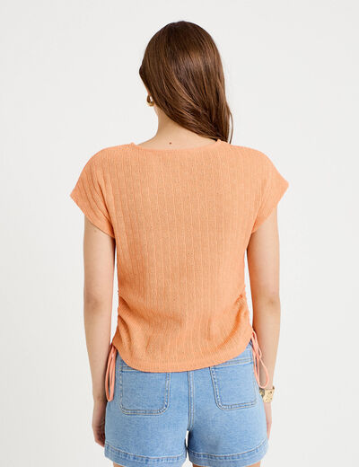 T-shirt ajour&eacute; d&eacute;tails cordons rose saumon femme