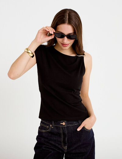 Top asym&eacute;trique d&eacute;tail bijou noir femme