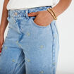 Jean wide leg taille haute brod&eacute; bleu femme